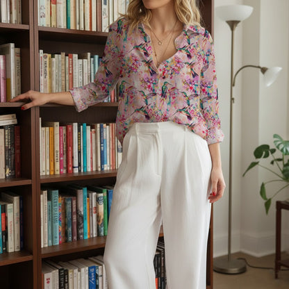 Hummingbirds Pattern Blouse for Women, Hummingbird Shirt, Bird Print Button Up Shirt, Casual Long Sleeve Top, Bird Lover Gift, Summer Clothing