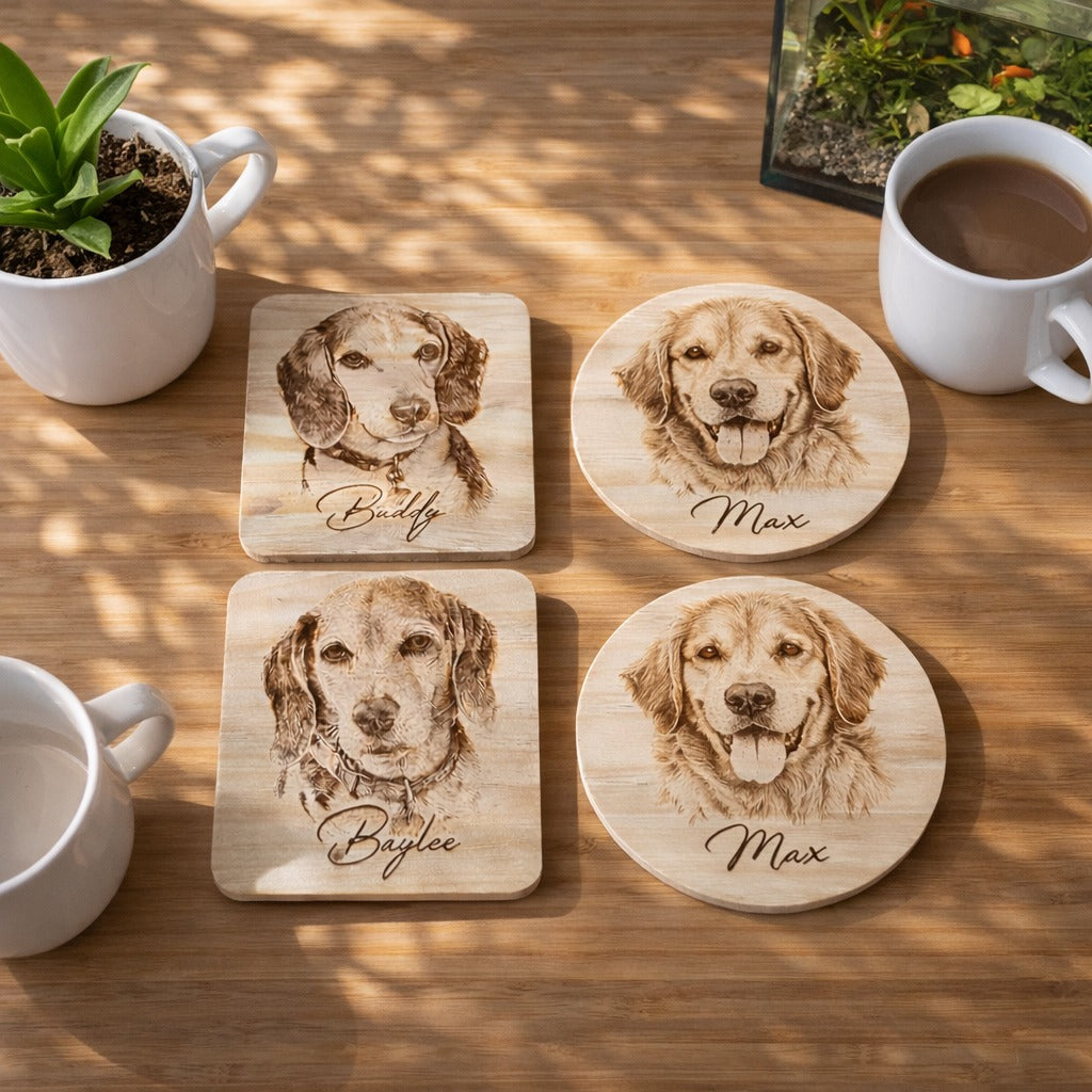 Personalized Pet Portrait Wooden Coaster, Custom Dog Photo Engraved Coaster, Pet Face Wood Coaster Set, Custom Pet Memorial Gift for Dog Lovers