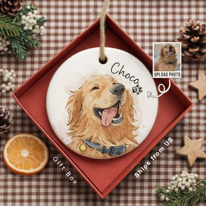 Personalized Pet Watercolor Portrait Ornament, Dog or Cat Ceramic Ornament, Custom Pet Memorial Keepsake Cat Gift, Personalized Christmas Gift