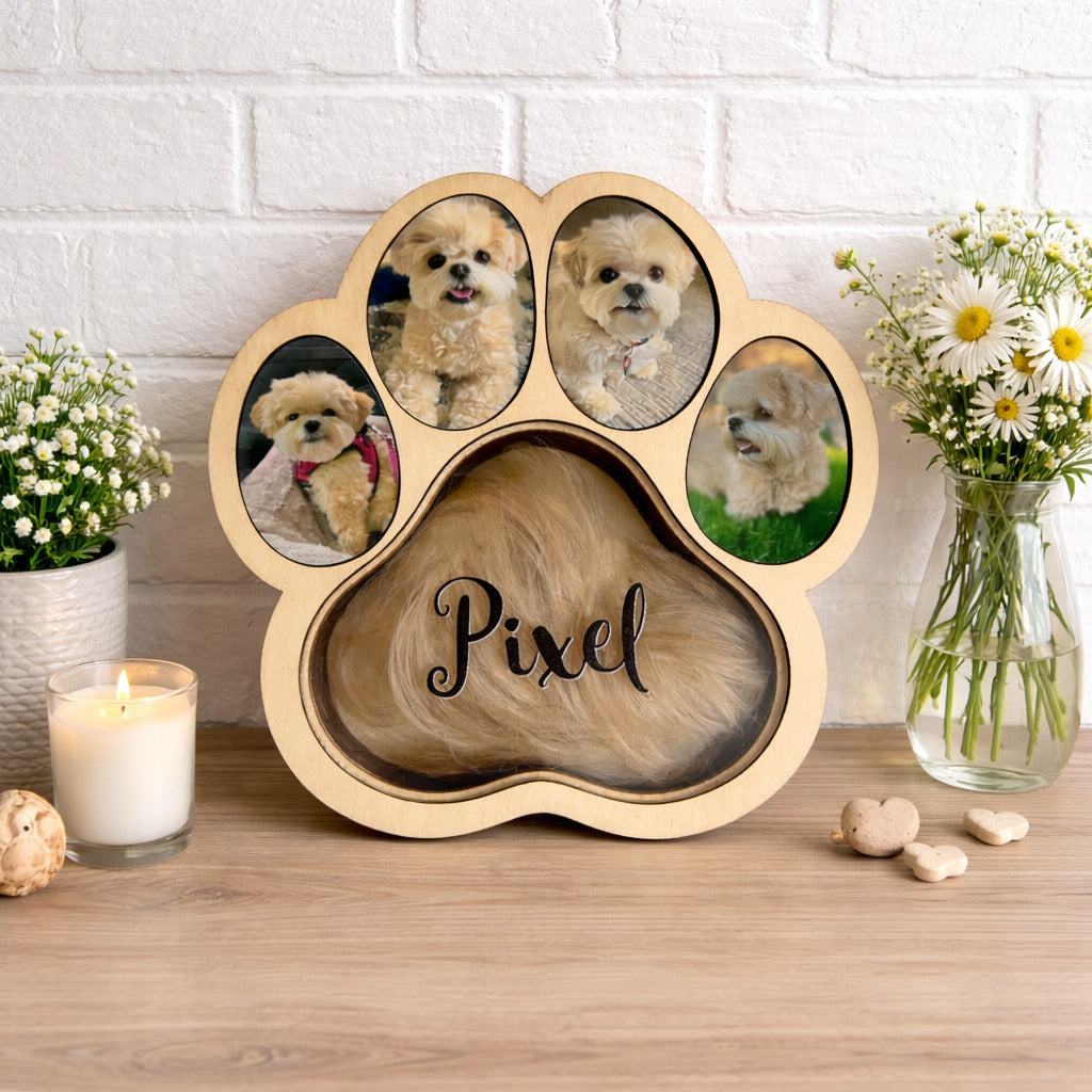 Custom Wooden Pet Fur Keepsake Box Picture Frame, Pet Paw Memorial Box, Pet Ashes Teeth Hair Box Pet Lover Sculpture Paw Print Memorial