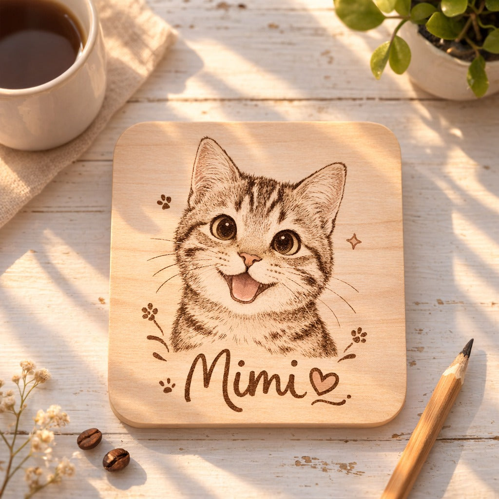 Personalized Pet Portrait Wooden Coaster, Custom Dog Photo Engraved Coaster, Pet Face Wood Coaster Set, Custom Pet Memorial Gift for Dog Lovers