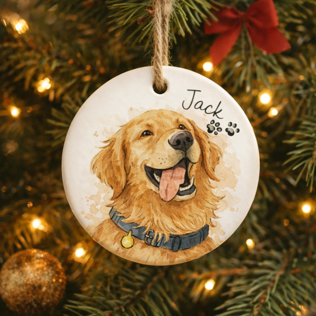 Personalized Pet Watercolor Portrait Ornament, Dog or Cat Ceramic Ornament, Custom Pet Memorial Keepsake Cat Gift, Personalized Christmas Gift