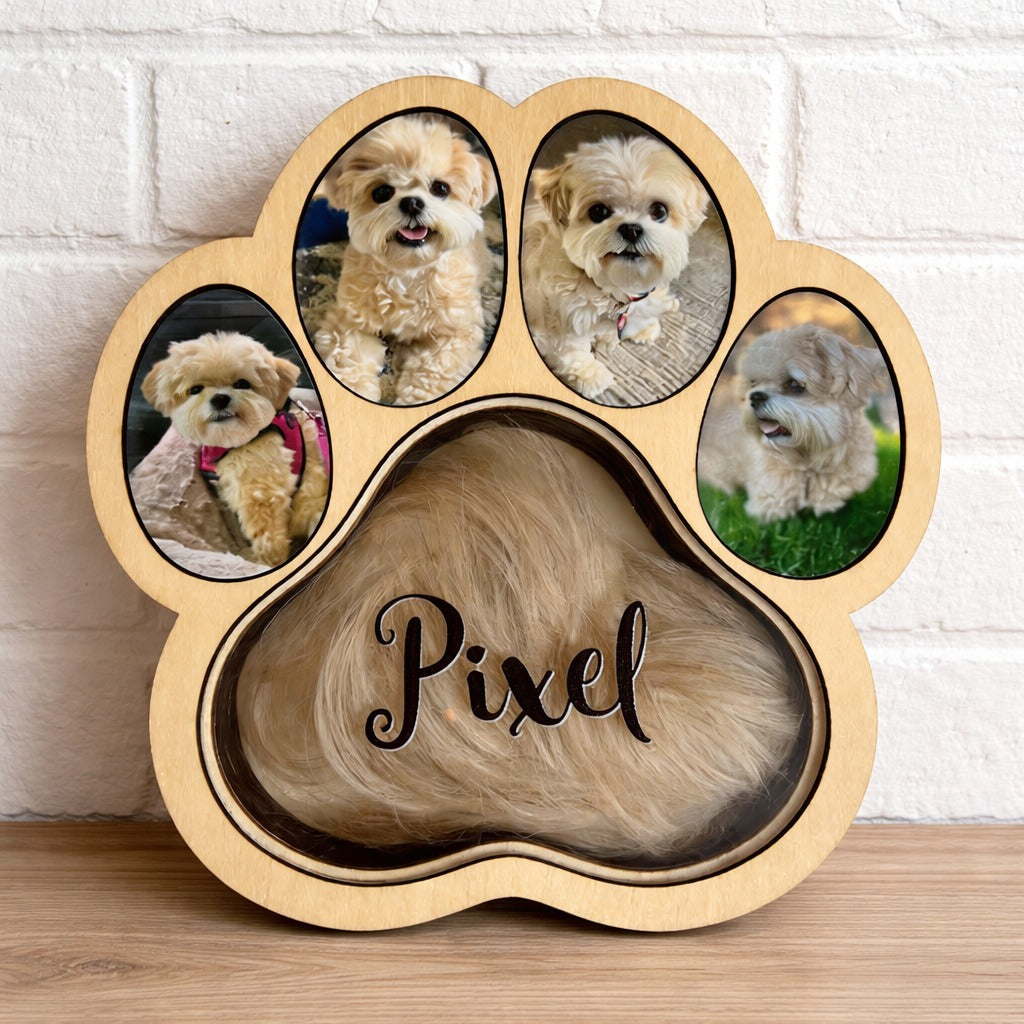 Custom Wooden Pet Fur Keepsake Box Picture Frame, Pet Paw Memorial Box, Pet Ashes Teeth Hair Box Pet Lover Sculpture Paw Print Memorial
