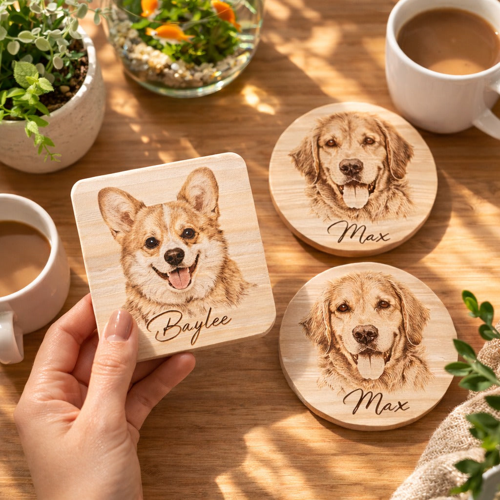Personalized Pet Portrait Wooden Coaster, Custom Dog Photo Engraved Coaster, Pet Face Wood Coaster Set, Custom Pet Memorial Gift for Dog Lovers