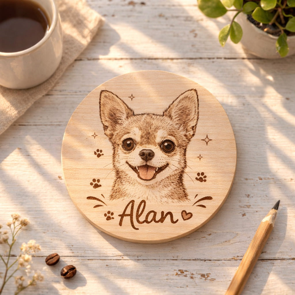 Personalized Pet Portrait Wooden Coaster, Custom Dog Photo Engraved Coaster, Pet Face Wood Coaster Set, Custom Pet Memorial Gift for Dog Lovers