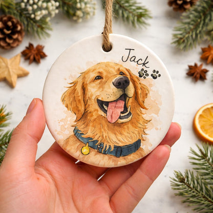 Personalized Pet Watercolor Portrait Ornament, Dog or Cat Ceramic Ornament, Custom Pet Memorial Keepsake Cat Gift, Personalized Christmas Gift