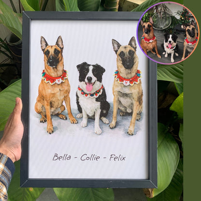 Custom Pet Portrait With Frame, Pet Portrait Gift, Personalized Dog Cat Bird Painting, Custom Pet Watercolor Art Print, Pet Portrait Frame