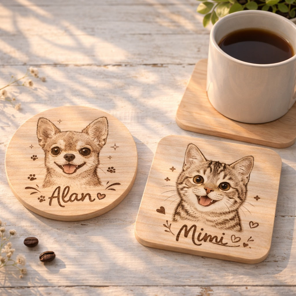 Personalized Pet Portrait Wooden Coaster, Custom Dog Photo Engraved Coaster, Pet Face Wood Coaster Set, Custom Pet Memorial Gift for Dog Lovers