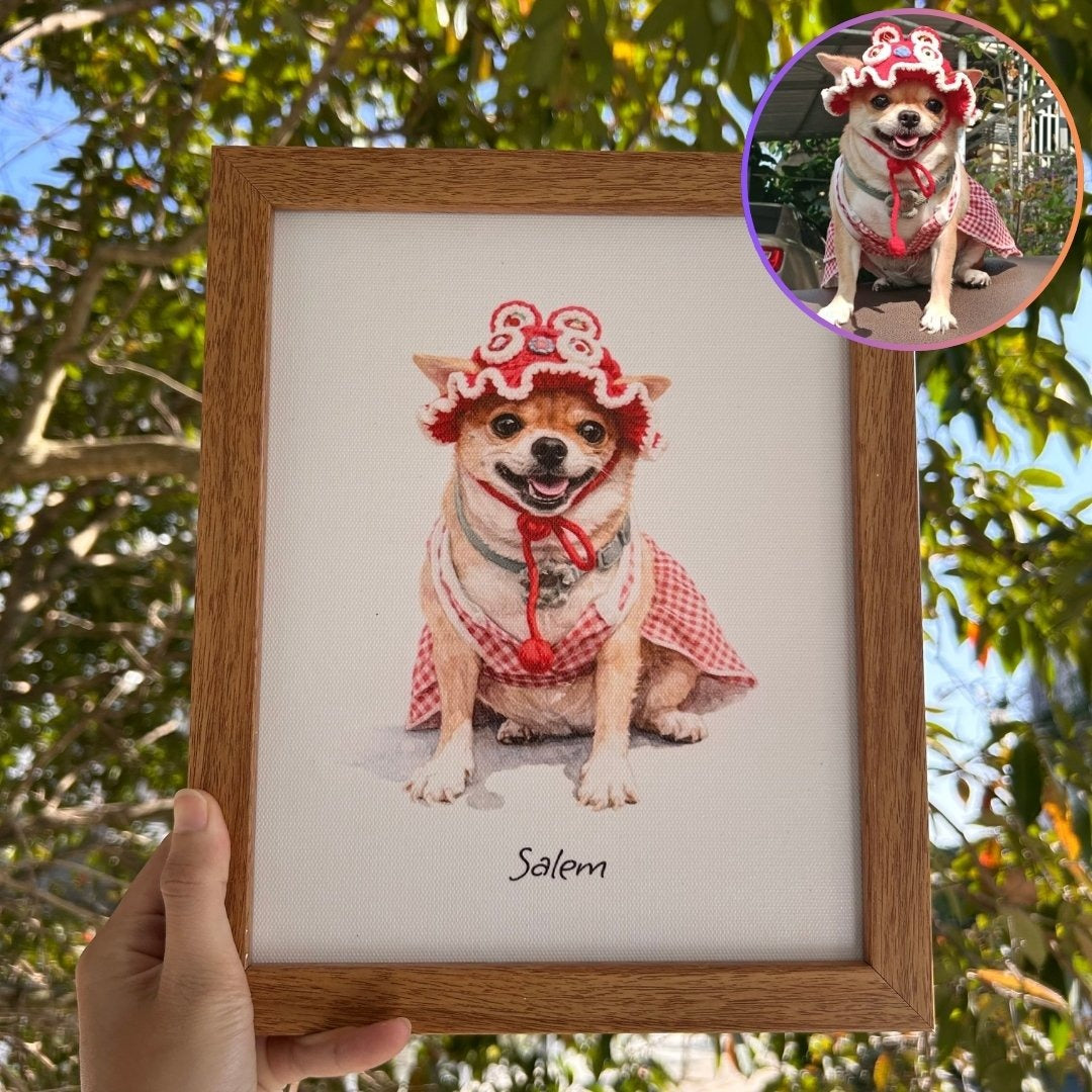 Custom Pet Portrait With Frame, Pet Portrait Gift, Personalized Dog Cat Bird Painting, Custom Pet Watercolor Art Print, Pet Portrait Frame