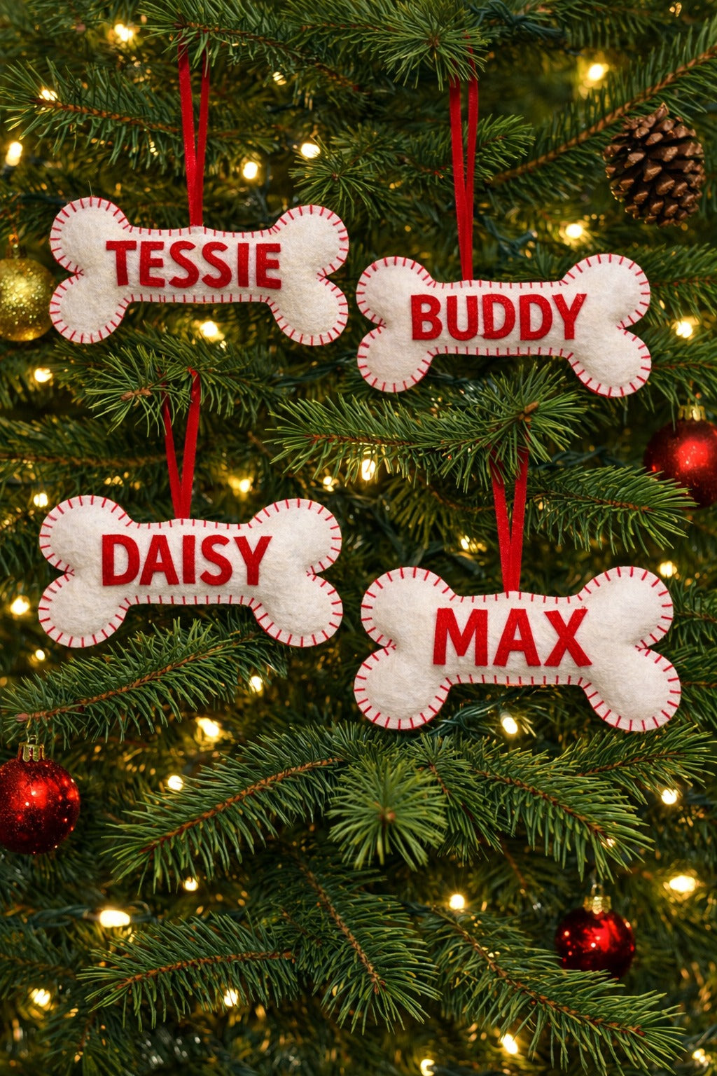 Dog Bone Felt Ornament With Name - Personalized Pet Name Christmas Ornament - Gift For Dog Lovers