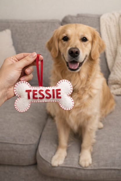 Dog Bone Felt Ornament With Name - Personalized Pet Name Christmas Ornament - Gift For Dog Lovers