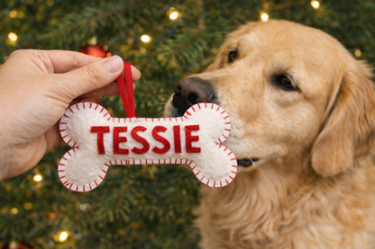 Dog Bone Felt Ornament With Name - Personalized Pet Name Christmas Ornament - Gift For Dog Lovers