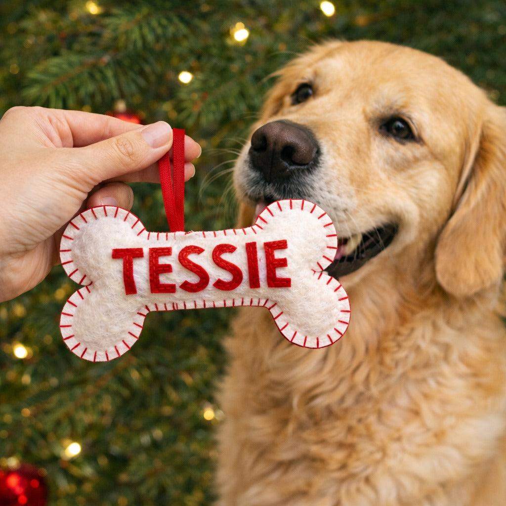 Handmade Dog with Bone Felt Ornament, Custom Bone Felt Ornament Gift, Dog Lover Gift, Hanging Decor, Holiday Ornament