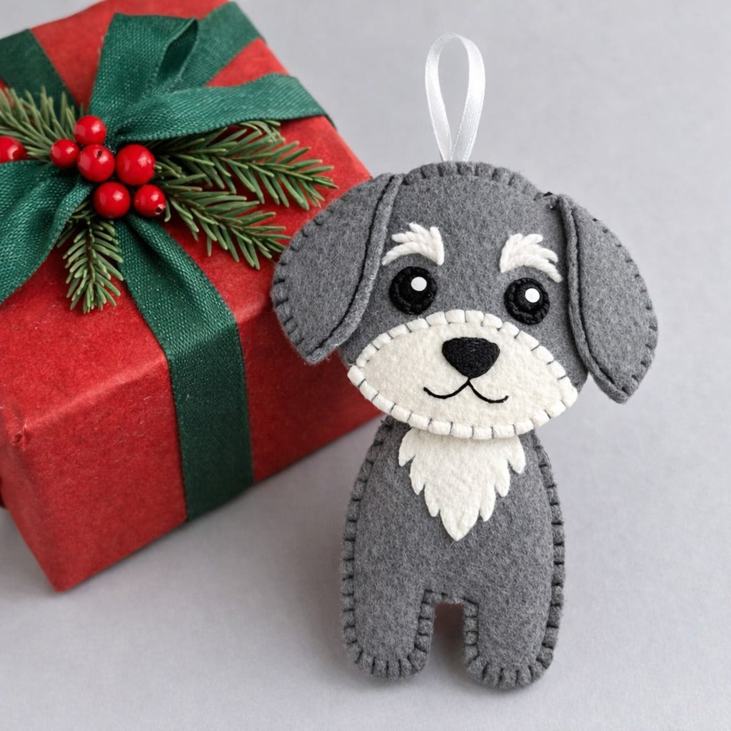 Grey Dog Felt Ornament - Personalized Dog Christmas Ornament With Stitched Name Or Date - Gift For Dog Lovers