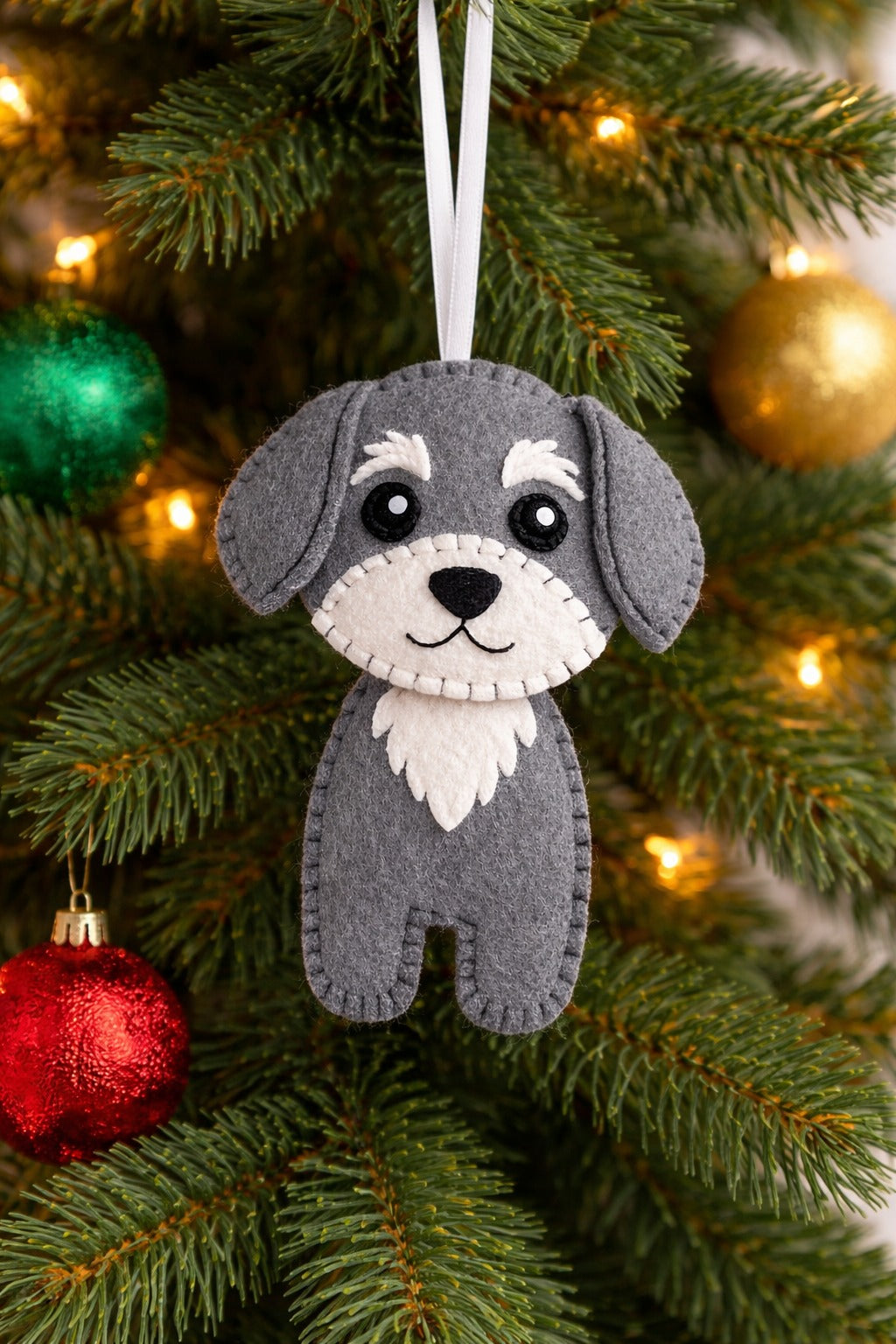 Grey Dog Felt Ornament - Personalized Dog Christmas Ornament With Stitched Name Or Date - Gift For Dog Lovers