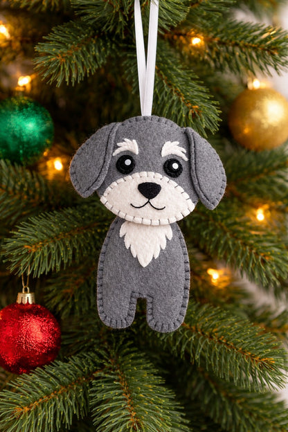 Grey Dog Felt Ornament - Personalized Dog Christmas Ornament With Stitched Name Or Date - Gift For Dog Lovers