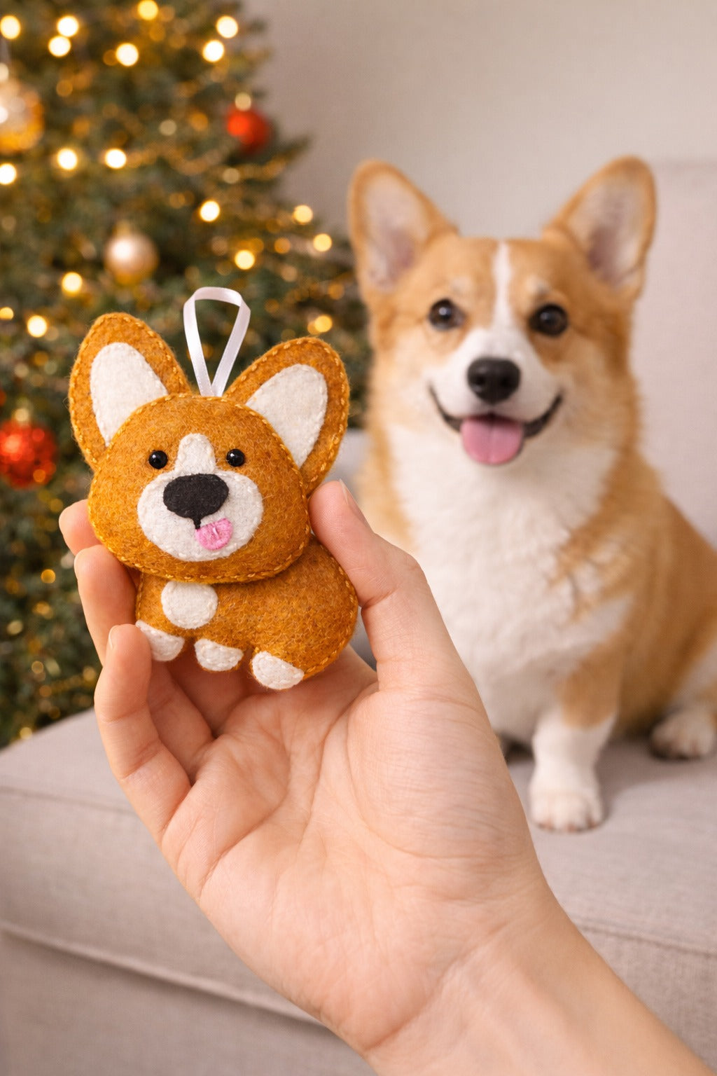 Handmade Felt Corgi Ornament, Cute Corgi Fabric Ornament Gift, Custom Name Pet Ornament, Hanging Decor, Ornament Craft, Holiday Ornament