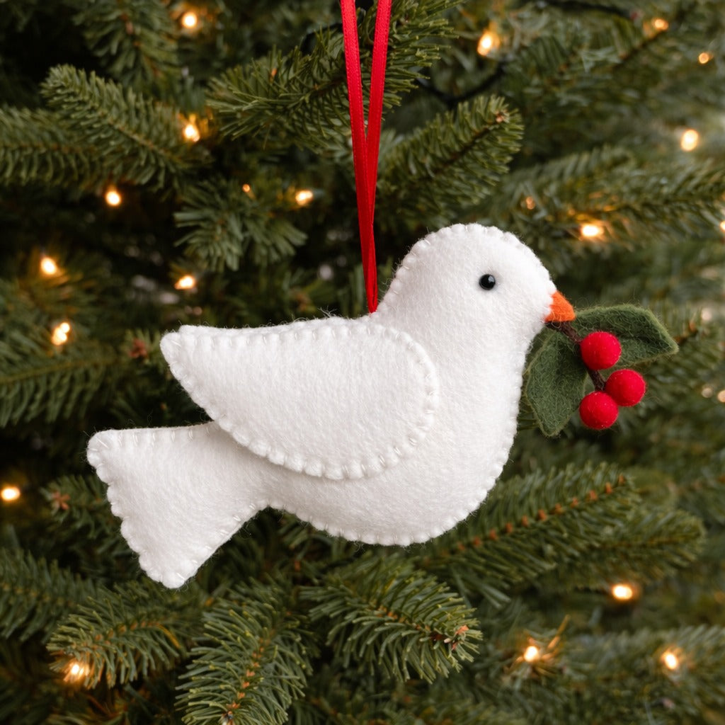 White Dove Felt Ornament With Holly - Personalized Dove Christmas Ornament With Name - Gift For Bird Lovers