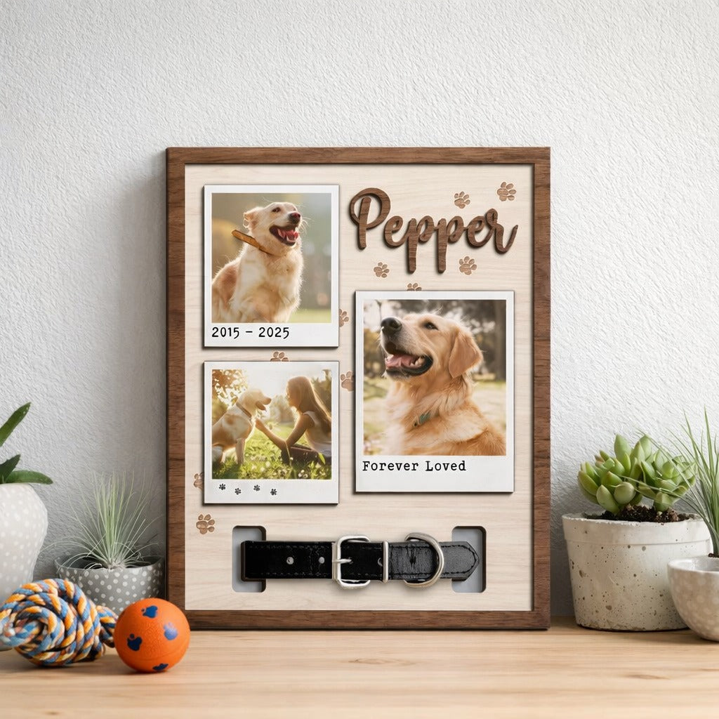Personalized Watercolor Pet Photo Frame with Collar Hook, Memorial Pet Gift, Memorial Wood Frame With Collar Holder, Pet Sympathy Gift