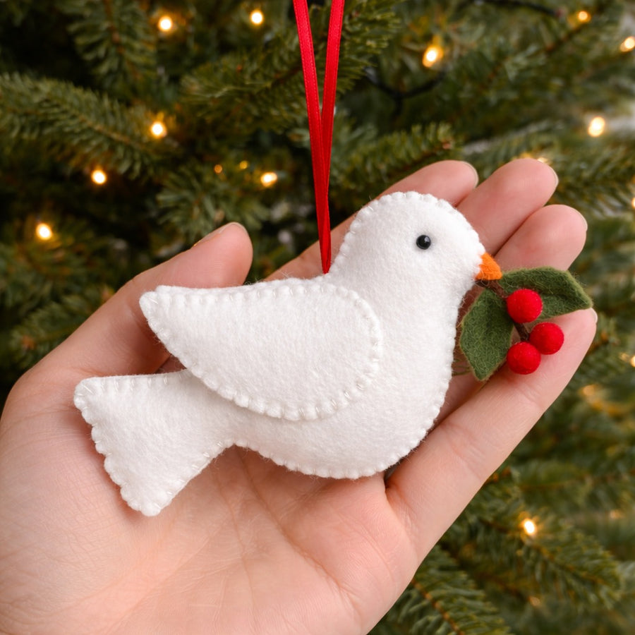 White Dove Felt Ornament With Holly - Personalized Dove Christmas Ornament With Name - Gift For Bird Lovers