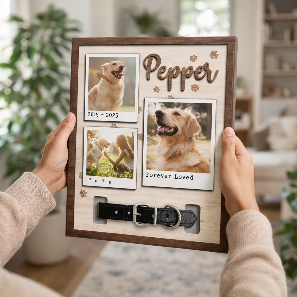Personalized Watercolor Pet Photo Frame with Collar Hook, Memorial Pet Gift, Memorial Wood Frame With Collar Holder, Pet Sympathy Gift