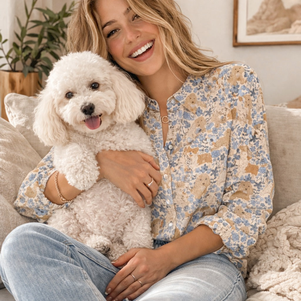 Dogs With Flower Pattern Print Button Shirt for Women, Dogs Chicken Blouse, Cute Flower Pattern Top, Casual Country Style Shirt, Dog Lover Shirt