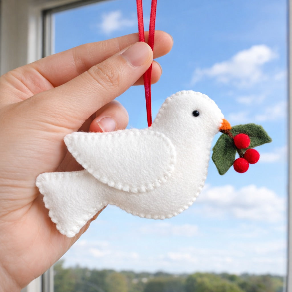 White Dove Felt Ornament With Holly - Personalized Dove Christmas Ornament With Name - Gift For Bird Lovers