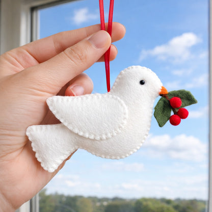 White Dove Felt Ornament With Holly - Personalized Dove Christmas Ornament With Name - Gift For Bird Lovers