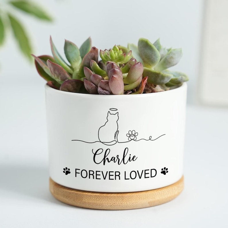 Forever Loved Cat Plant Pot, Personalized Cat Memorial Plant Pot, Custom Cat Memorial for Beloved Cat, Cat Lover Gift