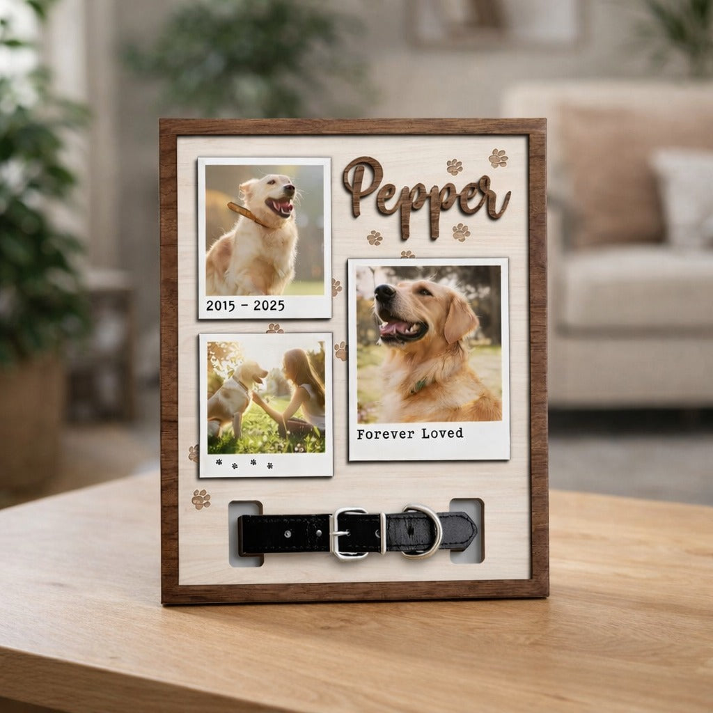 Personalized Watercolor Pet Photo Frame with Collar Hook, Memorial Pet Gift, Memorial Wood Frame With Collar Holder, Pet Sympathy Gift