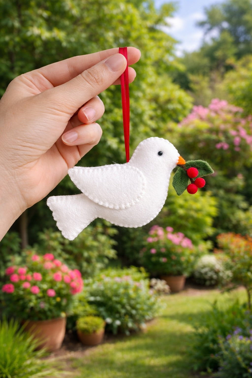 White Dove Felt Ornament With Holly - Personalized Dove Christmas Ornament With Name - Gift For Bird Lovers