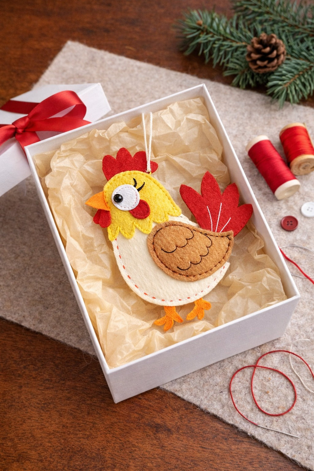 Rooster Felt Ornament With Name - Personalized Chicken Christmas Ornament - Gift For Chicken Lovers