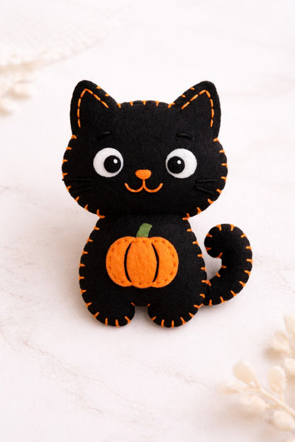 Pumpkin And Black Cat Felt Ornament - Personalized Halloween Cat Ornament With Name - Gift For Cat Lovers