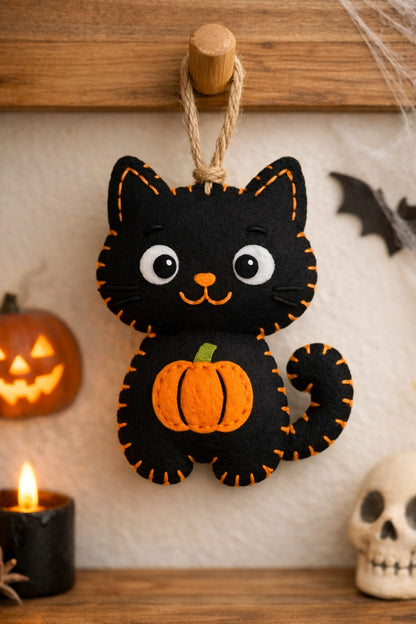 Pumpkin And Black Cat Felt Ornament - Personalized Halloween Cat Ornament With Name - Gift For Cat Lovers