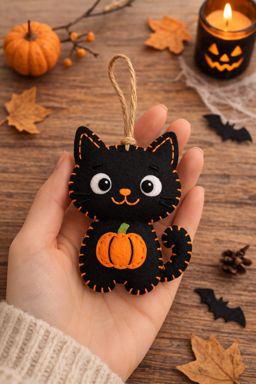 Pumpkin And Black Cat Felt Ornament - Personalized Halloween Cat Ornament With Name - Gift For Cat Lovers