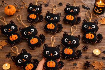 Pumpkin And Black Cat Felt Ornament - Personalized Halloween Cat Ornament With Name - Gift For Cat Lovers