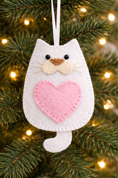 White Cat Felt Ornament With Pink Heart - Personalized Cat Christmas Ornament With Name - Gift For Cat Lovers