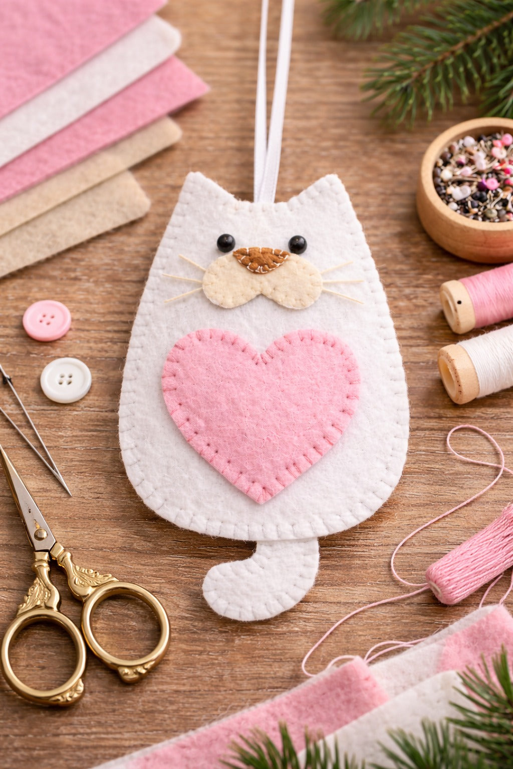 Handmade Cat Felt Ornament, Cute Cat Felt Ornament Gift, Cat Lover Gift, Hanging Decor, Holiday Ornament