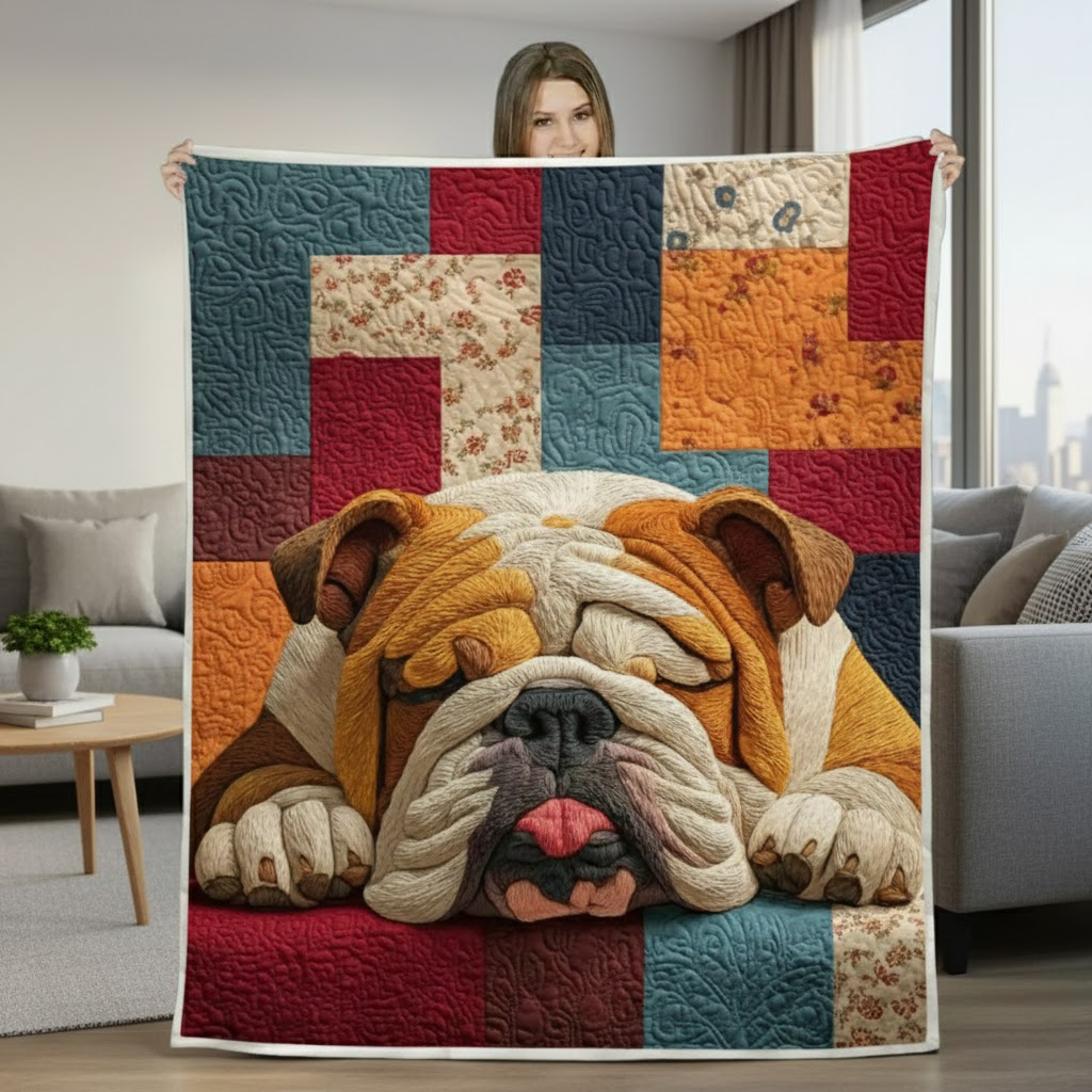 Sleeping Bulldog Quilt Blanket, Dog Throw Blanket, Dog Lover Gift, Quilted Bed Blanket, Dog