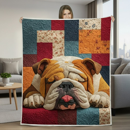 Sleeping Bulldog Patchwork Quilt Blanket - Colorful Quilted Throw for Sofa & Bed - Gift For Bulldog Lovers