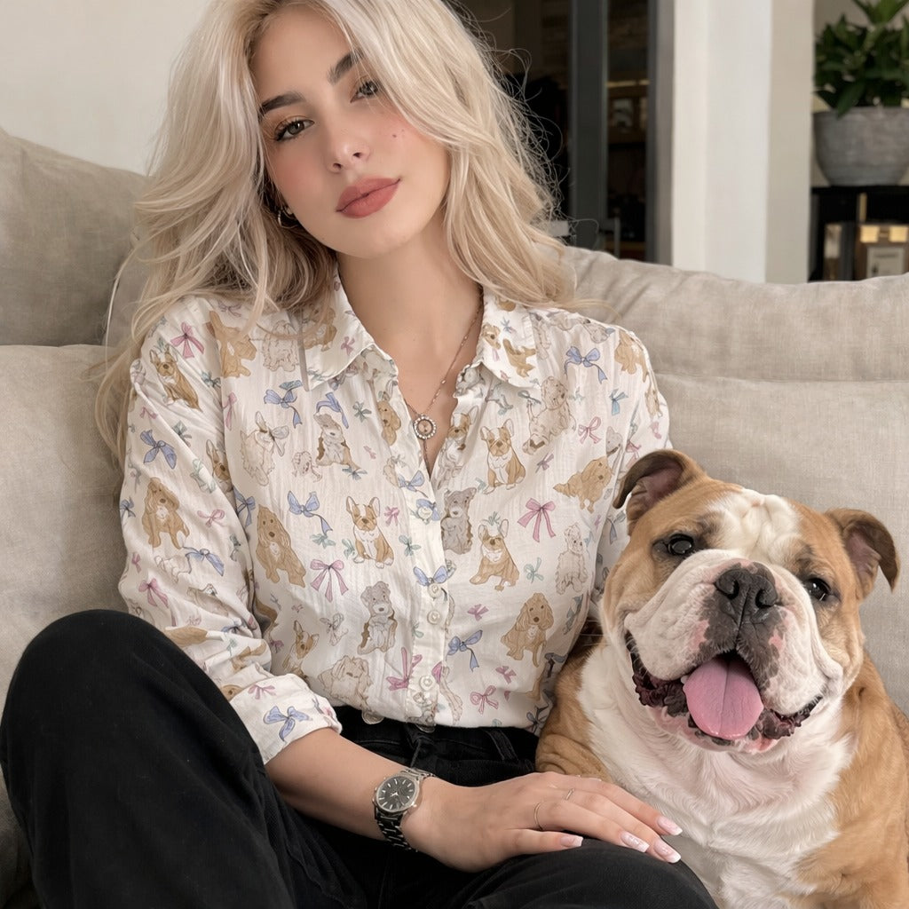 Dogs With Bow Pattern Print Button Shirt for Women, Dogs Blouse, Cute Dog Pattern Shirt, Casual Country Style Shirt, Dog Lover Shirt