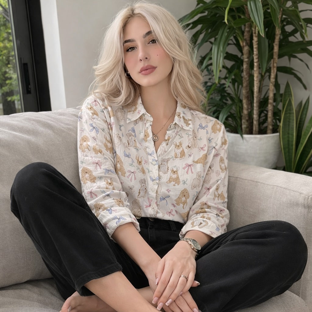 Dogs With Bow Pattern Print Button Shirt for Women, Dogs Blouse, Cute Dog Pattern Shirt, Casual Country Style Shirt, Dog Lover Shirt