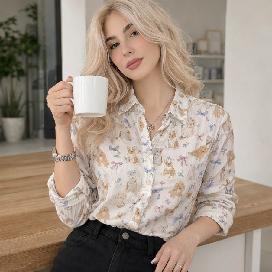 Dogs With Bow Pattern Print Button Shirt for Women, Dogs Blouse, Cute Dog Pattern Shirt, Casual Country Style Shirt, Dog Lover Shirt