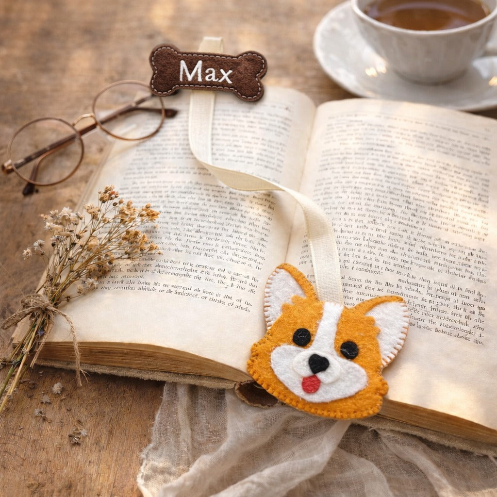 Corgi Felt Bookmark With Name Bone - Personalized Ribbon Bookmark With Embroidered Name - Gift For Dog Lovers