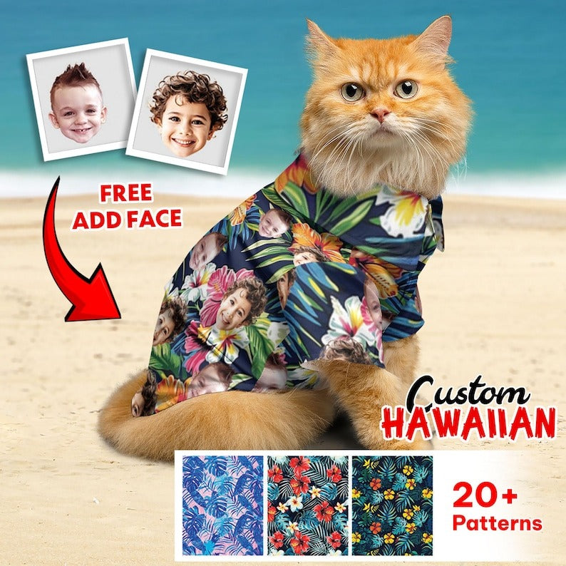 Personalized Photo Hawaiian Shirt For Pet, Cat Dog Hawaiian Shirt, Custom Photo Shirt, Cat Summer Shirt, Summer Pet Shirt, Tropical Pattern Shirt For Pet
