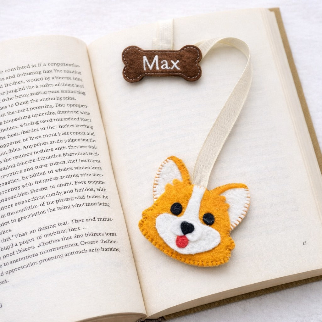 Corgi Felt Bookmark With Name Bone - Personalized Ribbon Bookmark With Embroidered Name - Gift For Dog Lovers