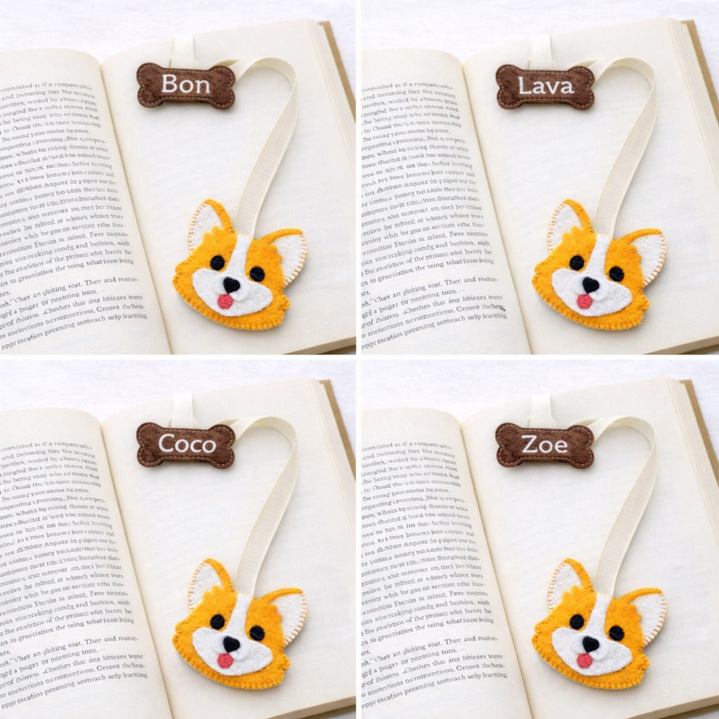 Corgi Felt Bookmark With Name Bone - Personalized Ribbon Bookmark With Embroidered Name - Gift For Dog Lovers