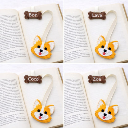 Corgi Felt Bookmark With Name Bone - Personalized Ribbon Bookmark With Embroidered Name - Gift For Dog Lovers