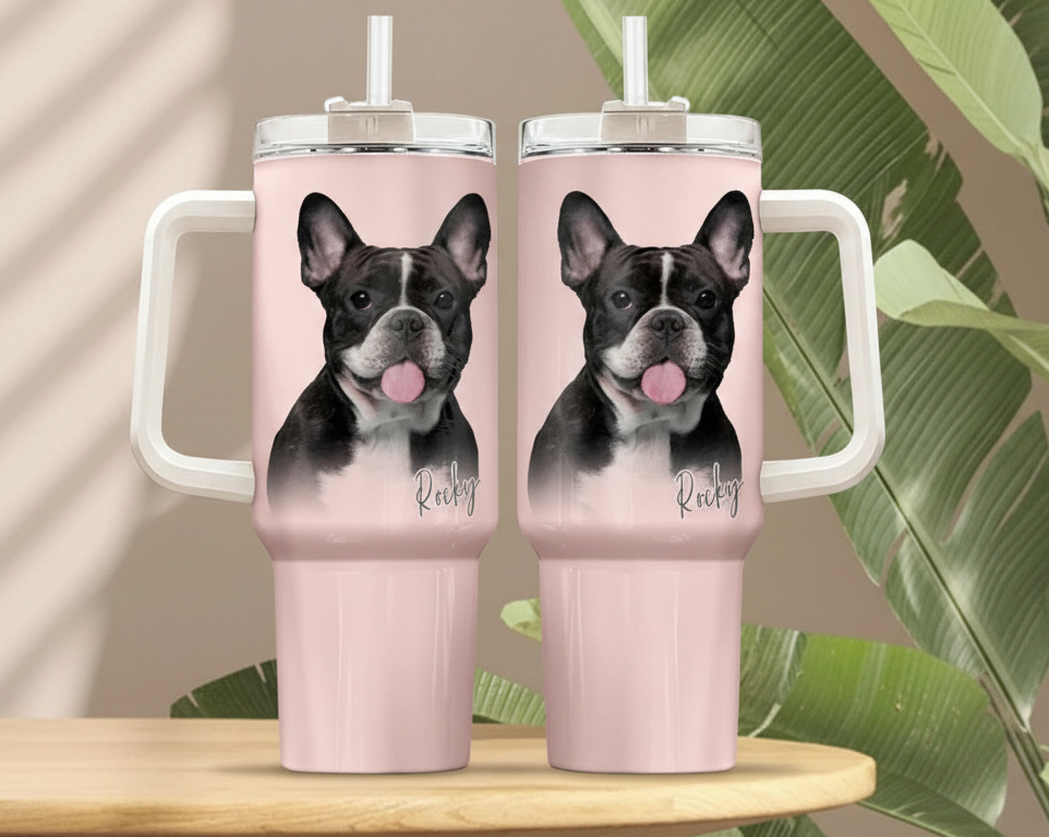 Custom Pet Photo Tumbler 40oz With Handle, Dog Photo Tumbler, Puppies Tumbler with Straw, Dog Lover Tumbler, Favorite Pet Tumbler