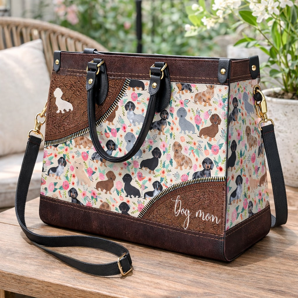 Dachshund With Floral Leather Handbag, Dachshund Wallet/Shoulder Bag, Custom Pet Bag, Retro Handbag, Dog Mom Bag Gift